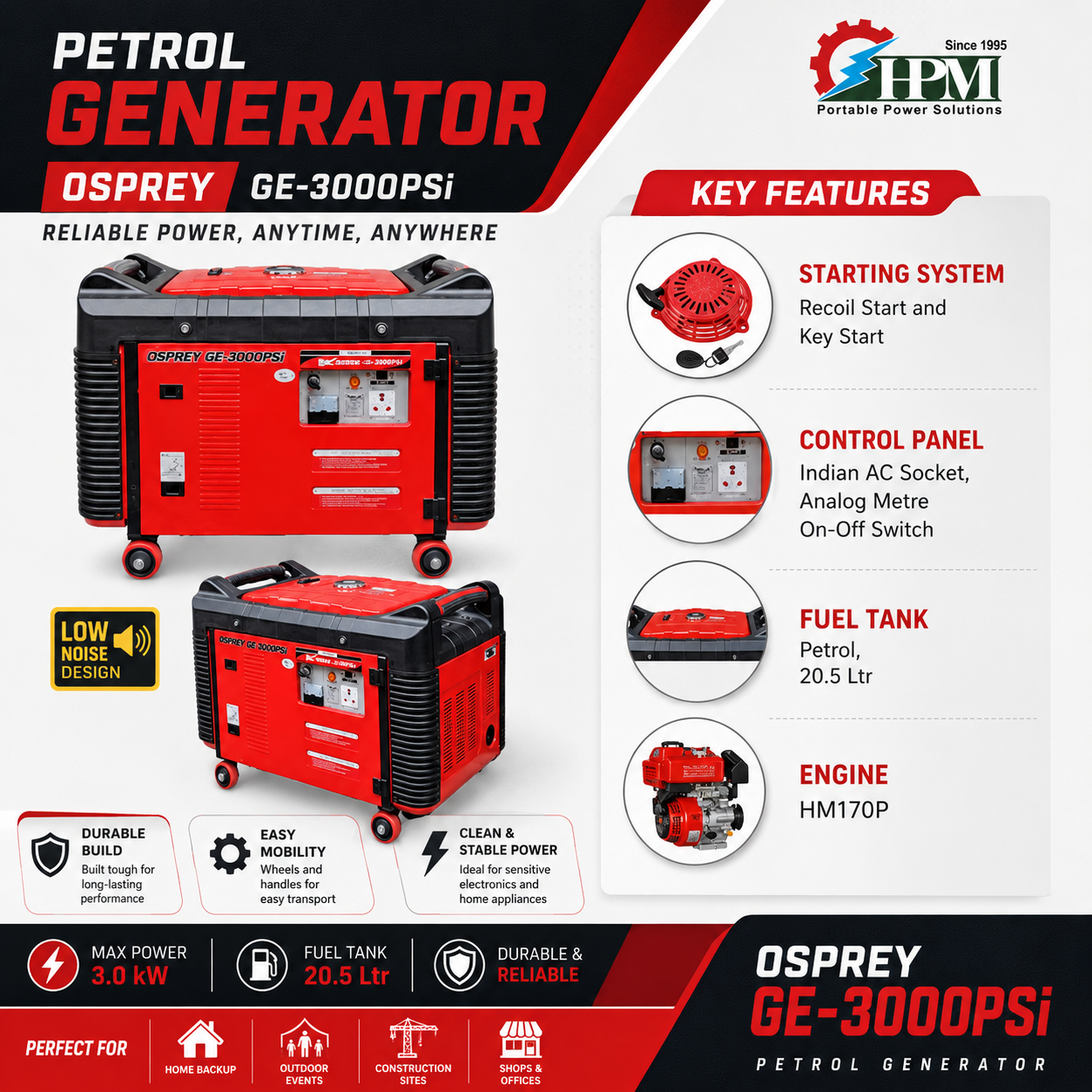 3 KVA Portable Inverter Petrol Generator - Osprey GE-3000PSi Silent & Fuel Efficient